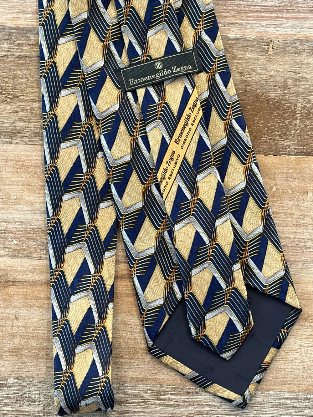 Ermenegildo Zegna 100% Silk “Disegno Esclusivo” Geometric Tie Navy Gold Italy